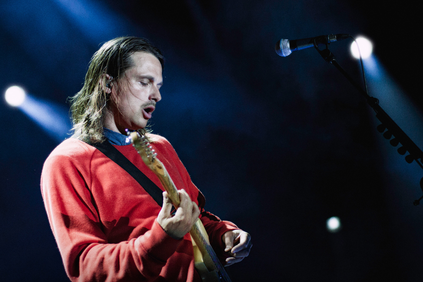 Bo Madsen of Mew performing at Orange stage, Roskilde Festival 2012