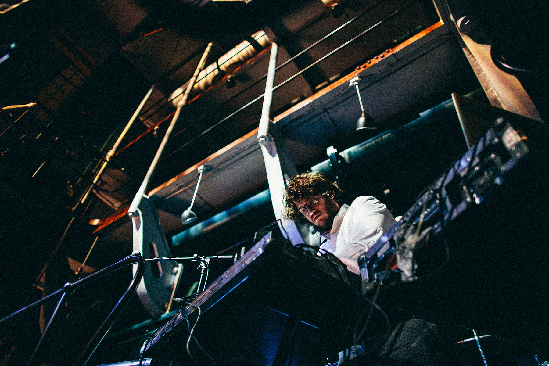 Picture from FROST festival 2013. Efterklang playing live at the museum Dieselhouse, which contains the worlds largest dieselmotor! Supported by We Like We