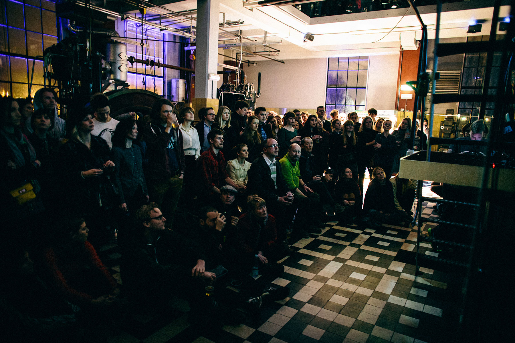 Picture from FROST festival 2013. Efterklang playing live at the museum Dieselhouse, which contains the worlds largest dieselmotor! Supported by We Like We