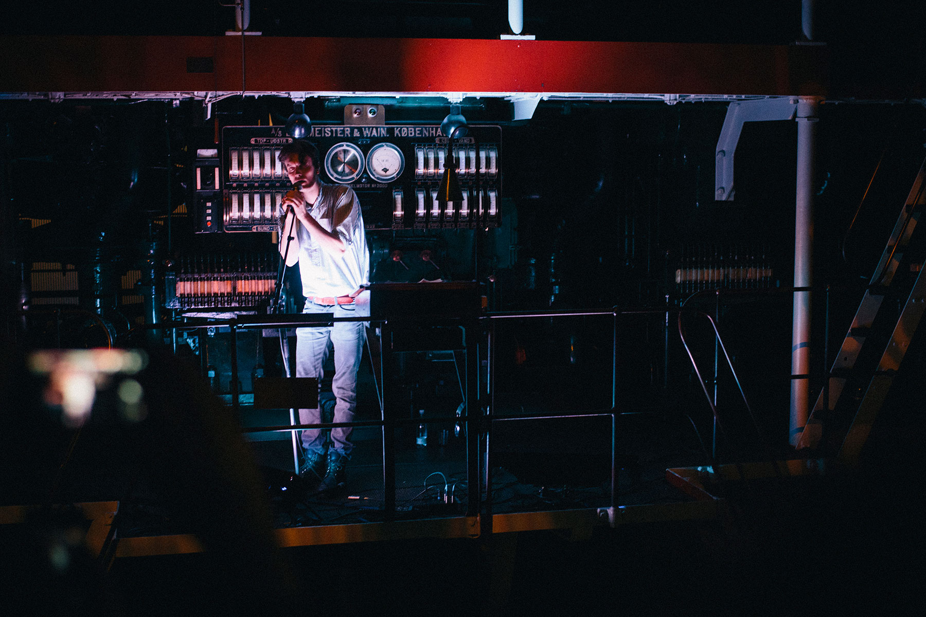 Picture from FROST festival 2013. Efterklang playing live at the museum Dieselhouse, which contains the worlds largest dieselmotor! Supported by We Like We