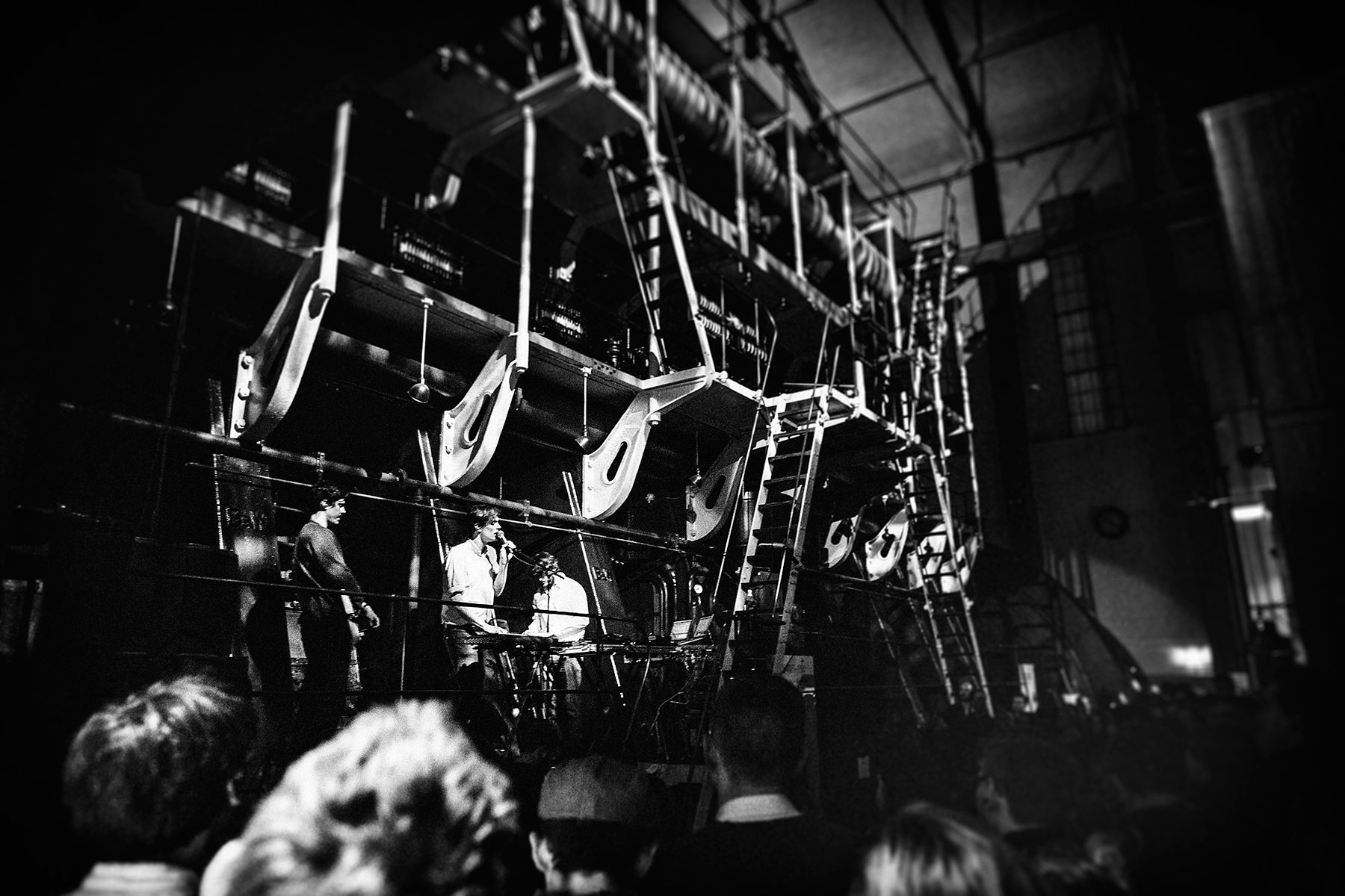 Picture from FROST festival 2013. Efterklang playing live at the museum Dieselhouse, which contains the worlds largest dieselmotor! Supported by We Like We