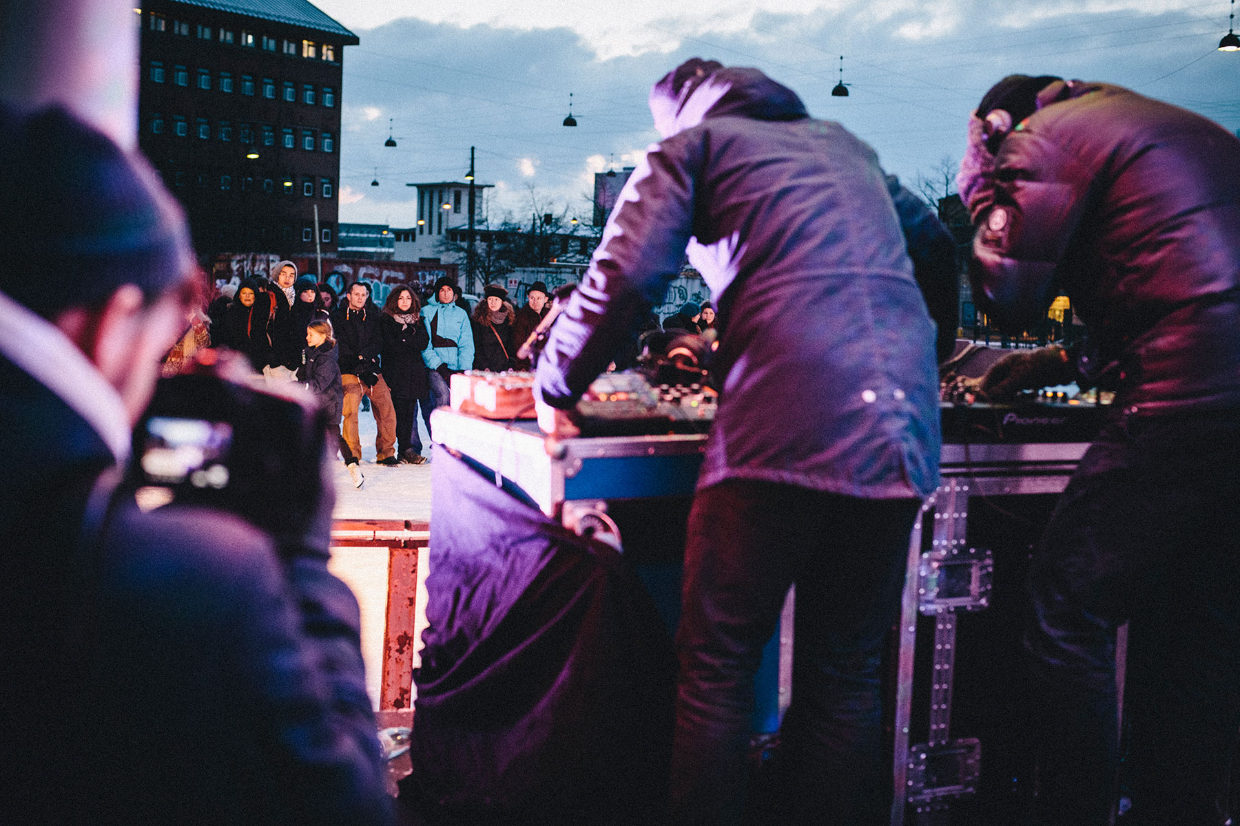 Picture from FROST festival 2013. Pictures from Who Made Who's liveshow dj-set with instruments playing at Toftegårds plads skøjtebane (ice skatting course)